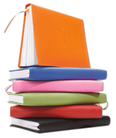 orange, blue, black, red, green and pink bonded leather journals