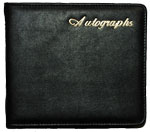 black zippered autograph book with gold foil imprint on cover