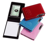 red, blue, pink and black bonded leather note jotters with mini pens