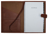 tan leather cover with wirebound tabbed address book