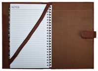 inside back cover of British tan leather journal with wirebound insert