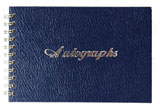 blue wirebound autograph book with silver foil debossing