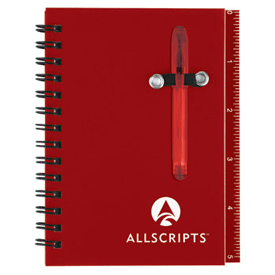 red translucent plastic mini notebook with matching pen
