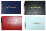 blue, black, red and white wirebound autograph book with stock imprint